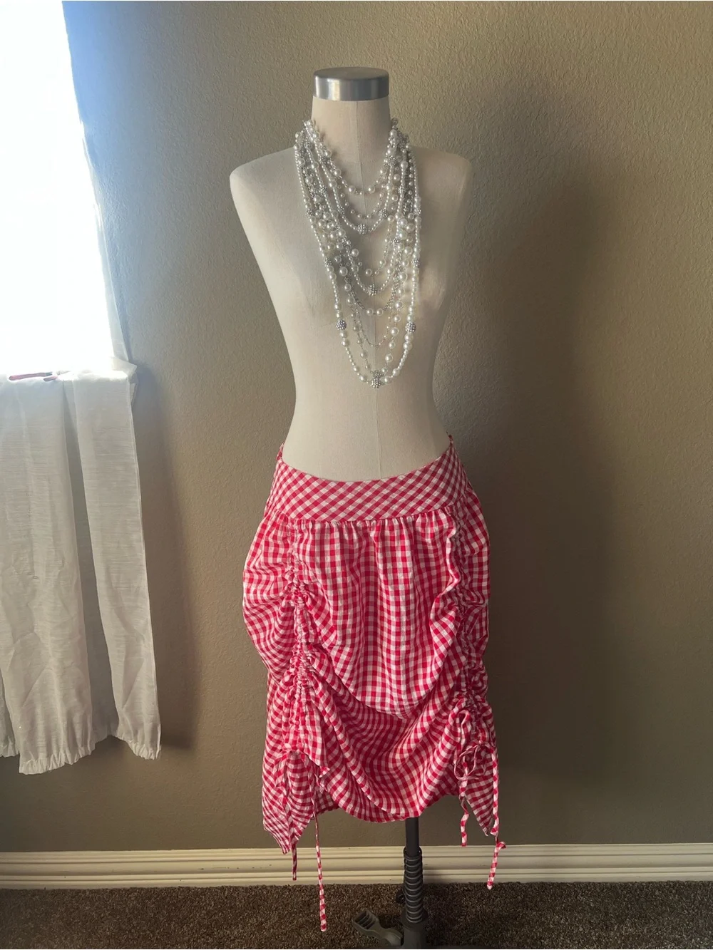Red Gingham Ruched Western Boho Cottagecore Midi Skirt - Waist is about 28”